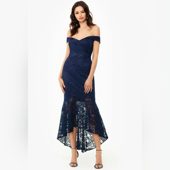 Xscape Dresses & Skirts - Xscape Off-the-Shoulder High Low Floral Flouce Lace Dress- Navy Blue